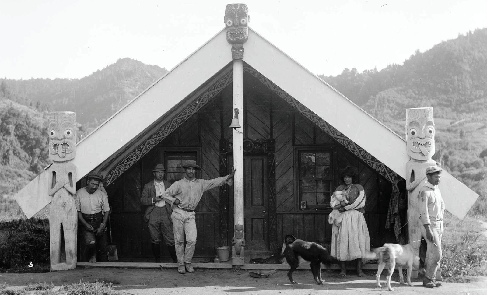 Whānau outside the wharenui at Tieke, early 1900s